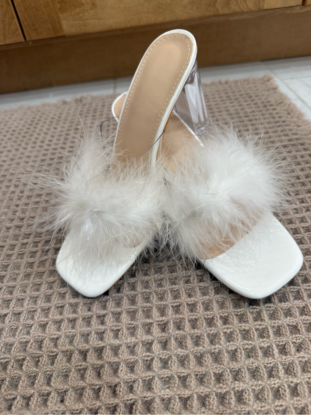 Women's White Faux-Fur Slide Heels
